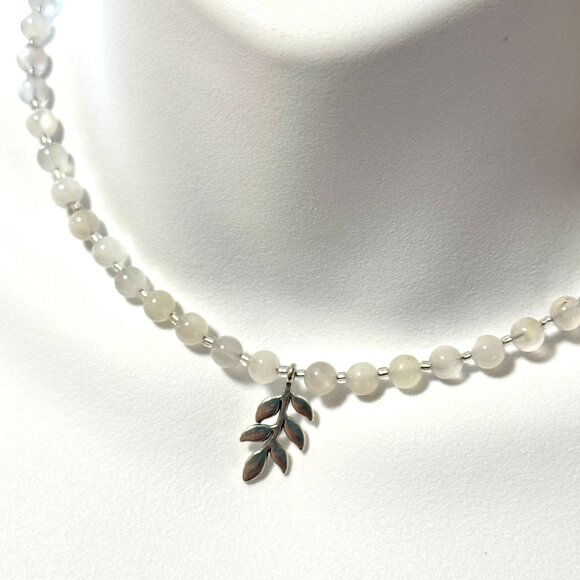 White Moonstone Silver Leaf Branch Necklace, Genuine Gemstone Beaded Choker - Picture 1 of 13